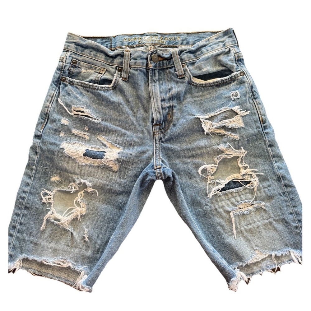 American Eagle Mens Jorts Jean Shorts Long Knee Distressed Denim Grunge Holes 28